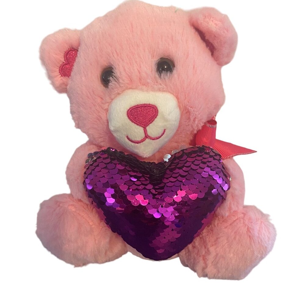 Pink Plush Teddy Bear With Sequin Heart & Red Bow 7” Tom's Toy‎ International